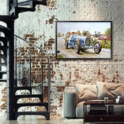 «Автомобили в искусстве 56» в интерьере двухярусной гостиной в стиле лофт с кирпичной стеной