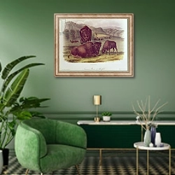 «American Bison or Buffalo, from 'Quadrupeds of North America', 1842-45» в интерьере гостиной в зеленых тонах