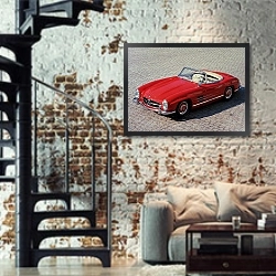 «Mercedes-Benz 300SL (R198) '1957–63» в интерьере двухярусной гостиной в стиле лофт с кирпичной стеной