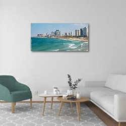 «Израиль, Тель-Авив. Панорама побережья» в интерьере современной гостиной в светлых тонах