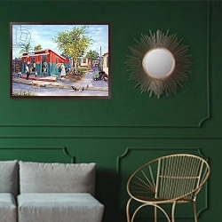 «Ivy Folks, 1999» в интерьере классической гостиной с зеленой стеной над диваном