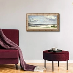 «A Beach on the Baltic Sea at Laboe, 1842» в интерьере гостиной в бордовых тонах