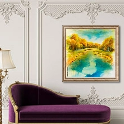 «Голубая река, золотые берега» в интерьере в классическом стиле над банкеткой