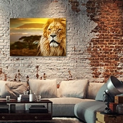 «Лев на фоне Килиманджаро на закате» в интерьере гостиной в стиле лофт с кирпичной стеной