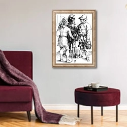 «Three Peasants in Converation, 1497» в интерьере гостиной в бордовых тонах