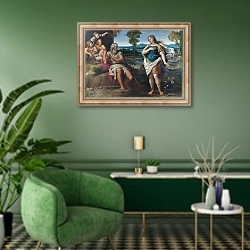 «Эрминия укрывается с пастухами» в интерьере гостиной в зеленых тонах