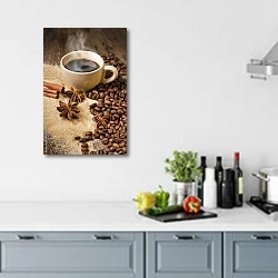 «Ароматный кофе в белой чашке» в интерьере кухни в голубых тонах