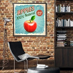 «Яблоко, ретро-плакат» в интерьере кабинета в стиле лофт с кирпичными стенами