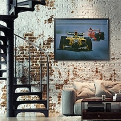 «Автогонки 155» в интерьере двухярусной гостиной в стиле лофт с кирпичной стеной
