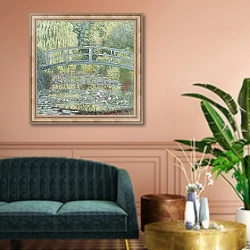 «Пруд с кувшинками, зеленый оттенок» в интерьере классической гостиной над диваном