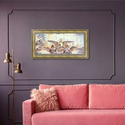 «Central Panel from the Threshold of Paradise, 1885-96» в интерьере гостиной с розовым диваном