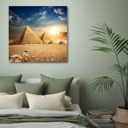 «Закат над пирамидами» в интерьере современной спальни в зеленых тонах