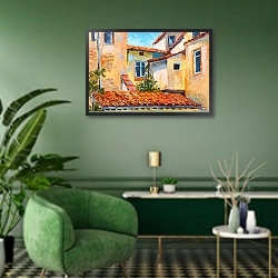 «Крыши домов на европейской улице» в интерьере зеленой гостиной над диваном