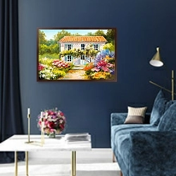 «Красивый дом с цветниками» в интерьере в классическом стиле в синих тонах