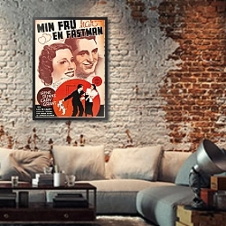 «Poster - Awful Truth, The» в интерьере гостиной в стиле лофт с кирпичной стеной