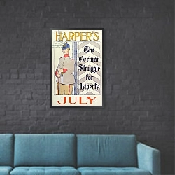 «Poster advertising Harper's New Monthly Magazine, July 1895» в интерьере в стиле лофт с черной кирпичной стеной