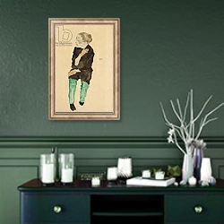 «Boy with Green Stockings; Bub mit grunen Strumpfen, 1911» в интерьере прихожей в зеленых тонах над комодом