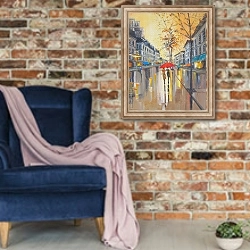 «Дождь в Бостоне» в интерьере в стиле лофт с кирпичной стеной и синим креслом