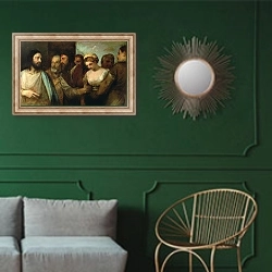 «Christ and the adulteress, 1512-15» в интерьере классической гостиной с зеленой стеной над диваном