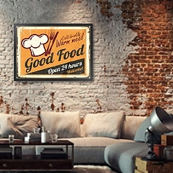 «Хорошая еда, ретро-вывеска для ресторана» в интерьере гостиной в стиле лофт с кирпичной стеной