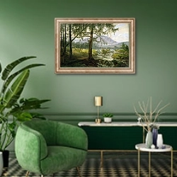 «Northern Landscape, 1822» в интерьере гостиной в зеленых тонах