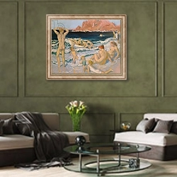 «Beach Scene with a Boat» в интерьере гостиной в оливковых тонах