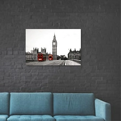 «Англия, Лондон. Автобусы у  Вестминстерского дворца» в интерьере в стиле лофт с черной кирпичной стеной