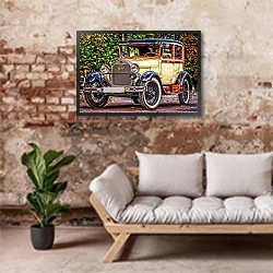 «Старинный золотой автомобиль» в интерьере гостиной в стиле лофт над диваном