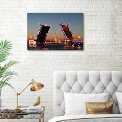 «Разведенный мост в Санкт-Петербурге» в интерьере современной спальни в белом цвете с золотыми деталями