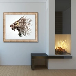 «Иллюстрация рычащей морды льва» в интерьере в стиле минимализм у камина