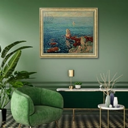 «The Island of Groix, 1896» в интерьере гостиной в зеленых тонах