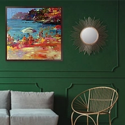 «Monaco Coast, 2000» в интерьере классической гостиной с зеленой стеной над диваном