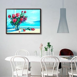 «Свежие розы на подоконнике и бирюзовое море» в интерьере светлой кухни над обеденным столом