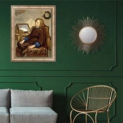 «Day Dreams, 1859» в интерьере классической гостиной с зеленой стеной над диваном