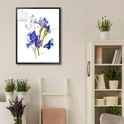 «Iris with blue butterfly, 2016,» в интерьере спальни в стиле прованс с голубыми деталями