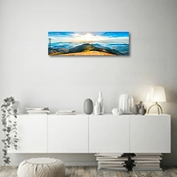 «Горная панорама на закате» в интерьере стильной минималистичной гостиной в белом цвете
