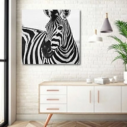 «Черно-белый портрет зебры» в интерьере комнаты в скандинавском стиле над тумбой