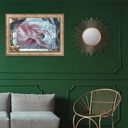 «Sistine Chapel Ceiling: God Dividing Light from Darkness» в интерьере классической гостиной с зеленой стеной над диваном
