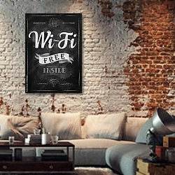 «Wi-fi free inside» в интерьере гостиной в стиле лофт с кирпичной стеной