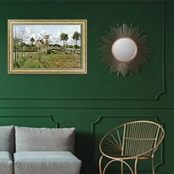 «Landscape, Louveciennes, c.1872» в интерьере классической гостиной с зеленой стеной над диваном