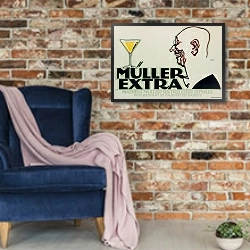 «Müller Extra» в интерьере в стиле лофт с кирпичной стеной и синим креслом