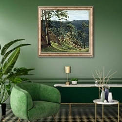 «View of Mount Brocken, 1829» в интерьере гостиной в зеленых тонах