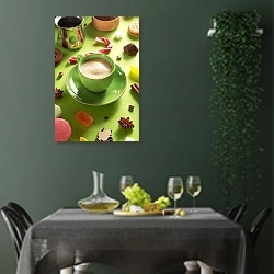 «Чашка кофе на зелёном фоне» в интерьере столовой в зеленых тонах