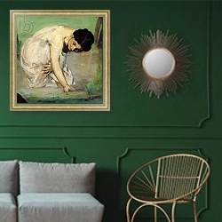 «Dejeuner sur l'Herbe, 1863 4» в интерьере классической гостиной с зеленой стеной над диваном