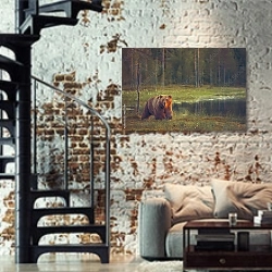 «Бурый медведь у озера в лесу» в интерьере двухярусной гостиной в стиле лофт с кирпичной стеной