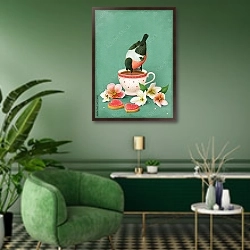 «Чашка чая, печенье и птица» в интерьере гостиной в зеленых тонах