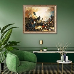 «The Battle of Marignan, 14th September 1515, 1836» в интерьере гостиной в зеленых тонах