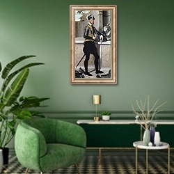 «Рыцарь со своим колпаком» в интерьере гостиной в зеленых тонах