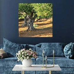 «Оливковые деревья. Греция 2» в интерьере современной гостиной в синем цвете