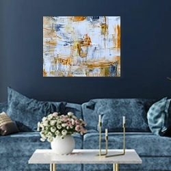 «Абстракция с бело-желтыми мазками» в интерьере современной гостиной в синем цвете